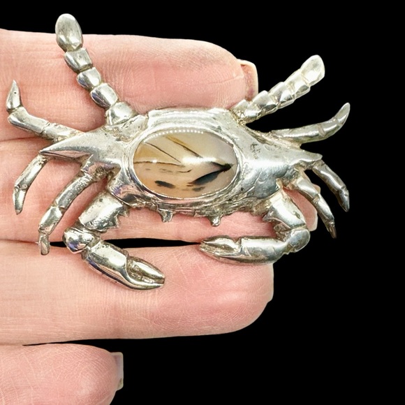 Gorgeous Vintage Large Moss Agate Figural Crab Brooch - Picture 7 of 7